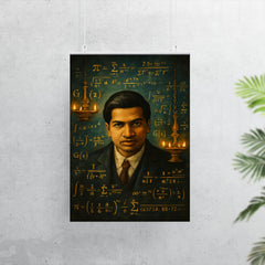 Srinivasa Ramanujan with infinite formulas and temple lamps poster 7