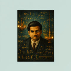 Srinivasa Ramanujan with infinite formulas and temple lamps poster 8