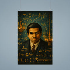 Srinivasa Ramanujan with infinite formulas and temple lamps poster 9