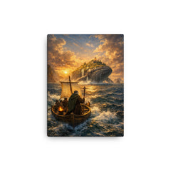 St Brendan sailing toward whale island horizon canvas print on a plain backdrop in size 12"x16".