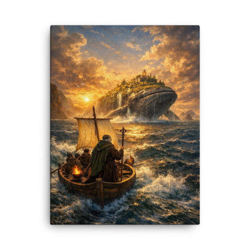 St Brendan sailing toward whale island horizon canvas print on a plain backdrop in size 18