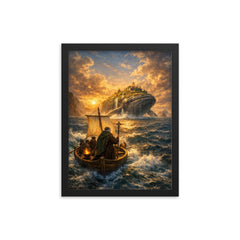 St Brendan sailing toward whale island horizon framed print on a plain backdrop in size 12"x16".