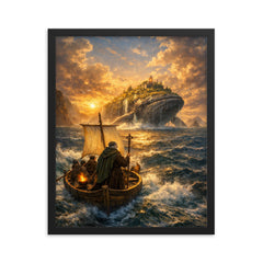 St Brendan sailing toward whale island horizon framed print on a plain backdrop in size 16"x20".