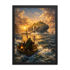 St Brendan sailing toward whale island horizon framed print on a plain backdrop in size 18"x24".