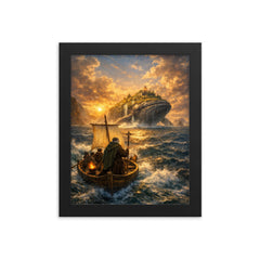 St Brendan sailing toward whale island horizon framed print on a plain backdrop in size 8"x10".