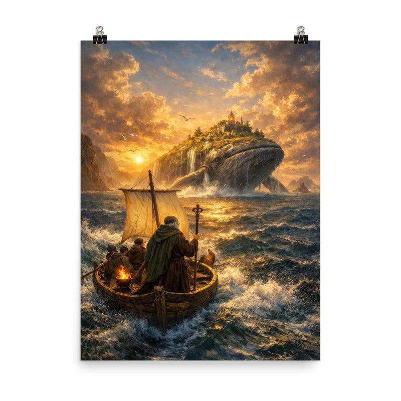 St Brendan sailing toward whale island horizon poster on a plain backdrop in size 8