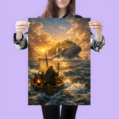 St Brendan sailing toward whale island horizon poster 3