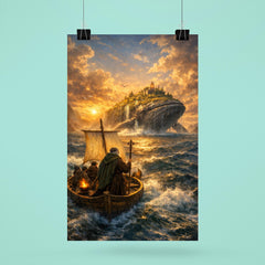 St Brendan sailing toward whale island horizon poster 6