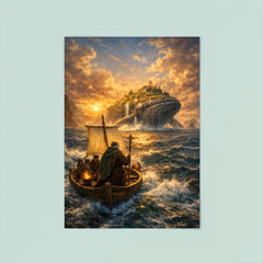 St Brendan sailing toward whale island horizon poster 8