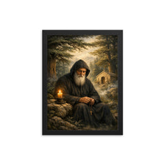 St Charbel in cedar forest silence framed print on a plain backdrop in size 12"x16".