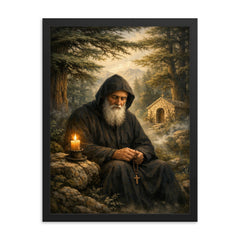 St Charbel in cedar forest silence framed print on a plain backdrop in size 18"x24".