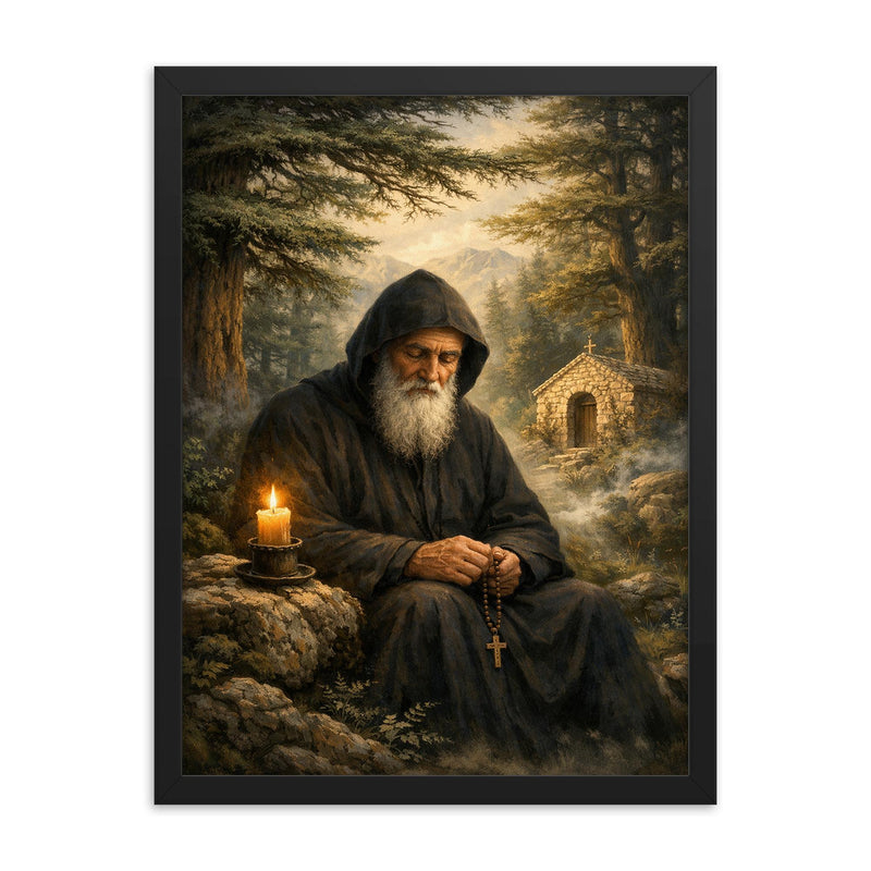 St Charbel in cedar forest silence framed print on a plain backdrop in size 18