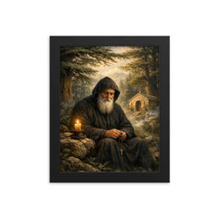 St Charbel in cedar forest silence framed print on a plain backdrop in size 8"x10".