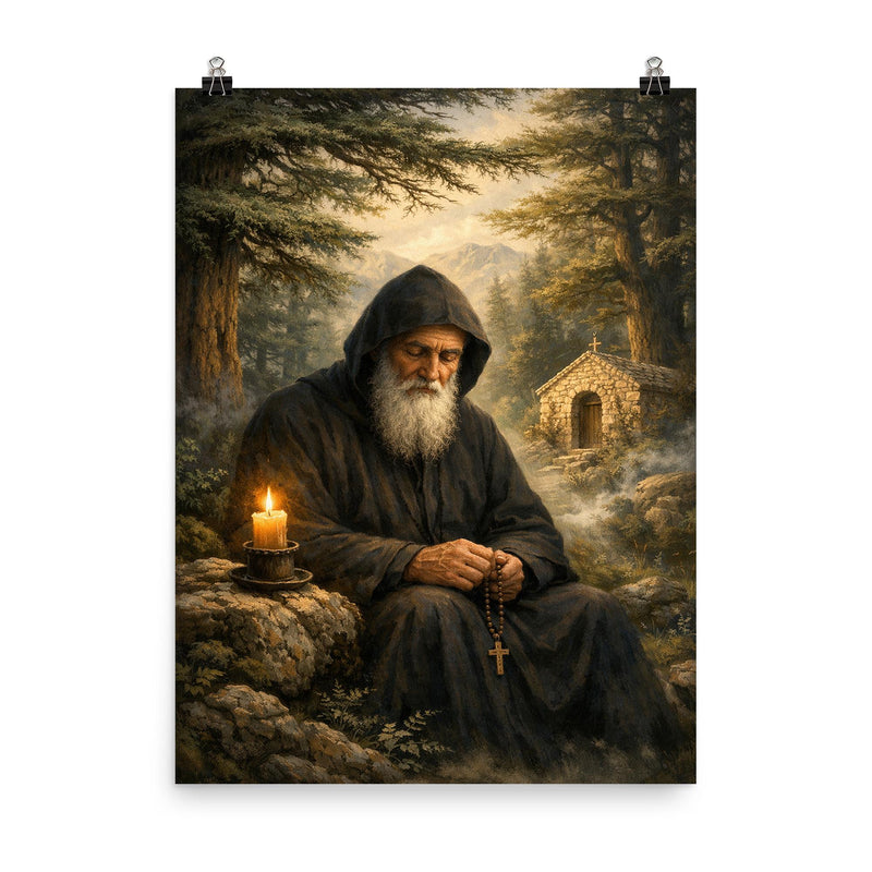 St Charbel in cedar forest silence poster on a plain backdrop in size 8
