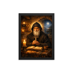 St Charbel in cedar lit monastery framed print on a plain backdrop in size 12"x16".