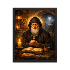 St Charbel in cedar lit monastery framed print on a plain backdrop in size 16"x20".