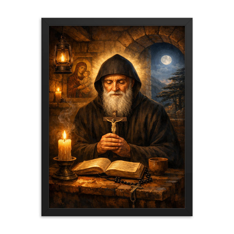 St Charbel in cedar lit monastery framed print on a plain backdrop in size 18
