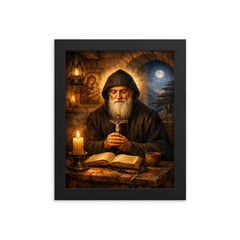 St Charbel in cedar lit monastery framed print on a plain backdrop in size 8"x10".