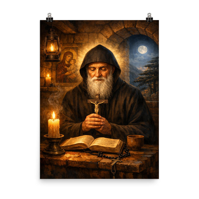 St Charbel in cedar lit monastery poster on a plain backdrop in size 8