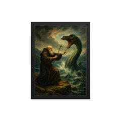 St Columba confronting the Loch Ness beast framed print on a plain backdrop in size 12"x16".