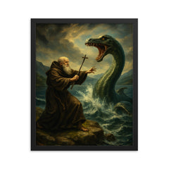 St Columba confronting the Loch Ness beast framed print on a plain backdrop in size 16"x20".