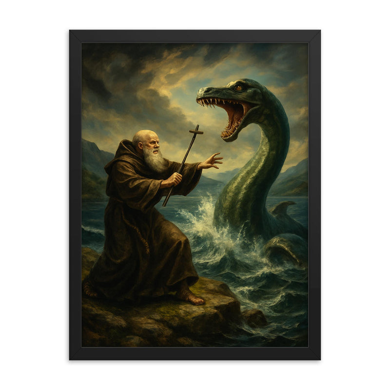 St Columba confronting the Loch Ness beast framed print on a plain backdrop in size 18