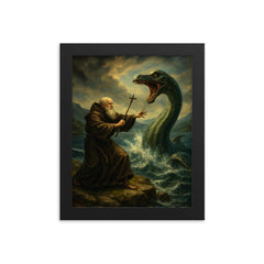 St Columba confronting the Loch Ness beast framed print on a plain backdrop in size 8"x10".