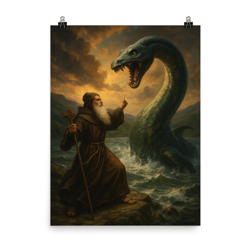 St Columba confronting the Loch Ness beast poster on a plain backdrop in size 8