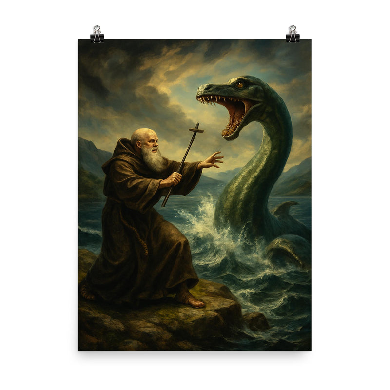 St Columba confronting the Loch Ness beast poster on a plain backdrop in size 8
