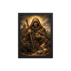 St Drogo patron of the unwanted hooded framed print on a plain backdrop in size 12"x16".