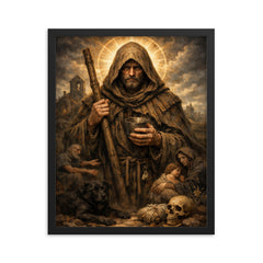 St Drogo patron of the unwanted hooded framed print on a plain backdrop in size 16"x20".