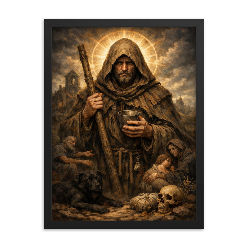 St Drogo patron of the unwanted hooded framed print on a plain backdrop in size 18