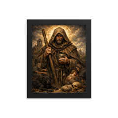 St Drogo patron of the unwanted hooded framed print on a plain backdrop in size 8"x10".