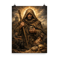 St Drogo patron of the unwanted hooded poster on a plain backdrop in size 8"x10".