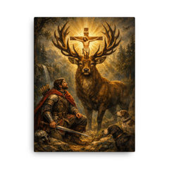 St Eustace and the stag crucifix canvas print on a plain backdrop in size 18"x24".