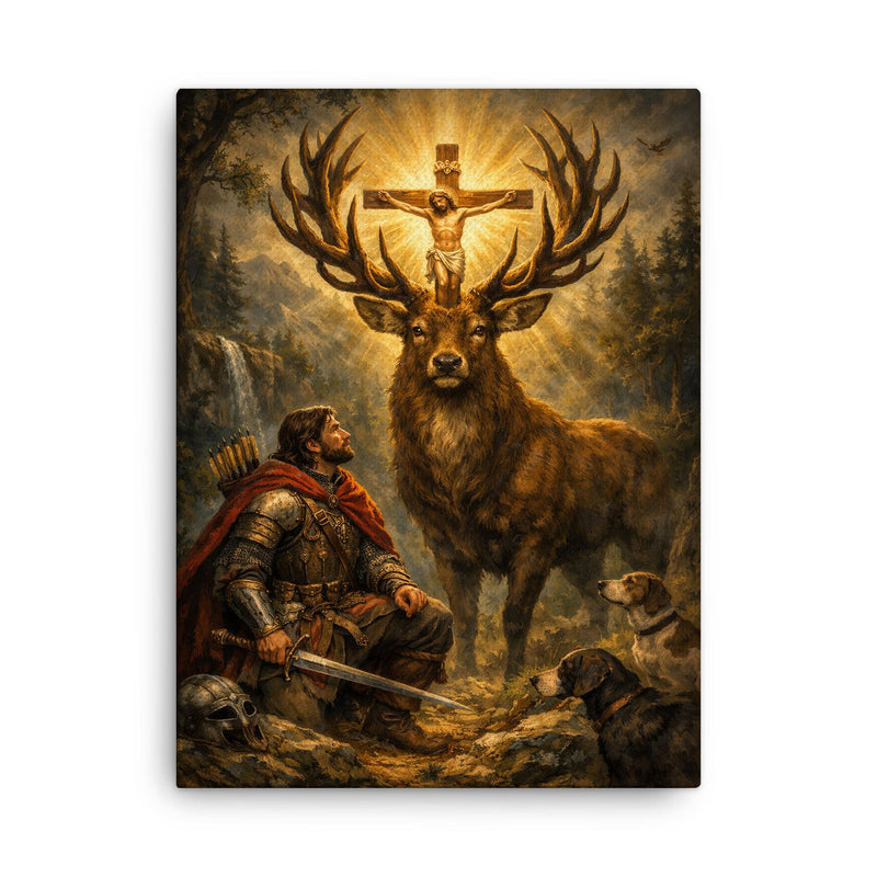 St Eustace and the stag crucifix canvas print on a plain backdrop in size 18