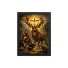 St Eustace and the stag crucifix framed print on a plain backdrop in size 12"x16".