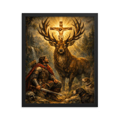 St Eustace and the stag crucifix framed print on a plain backdrop in size 16"x20".
