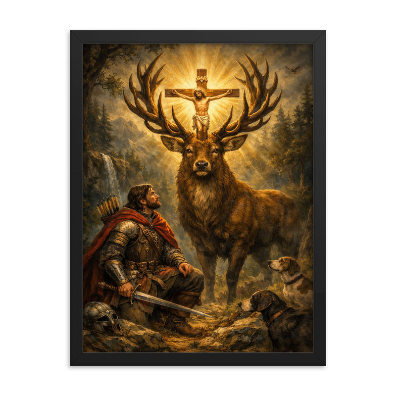 St Eustace and the stag crucifix framed print on a plain backdrop in size 18