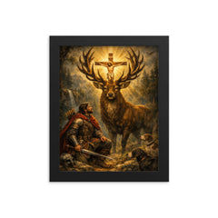 St Eustace and the stag crucifix framed print on a plain backdrop in size 8"x10".
