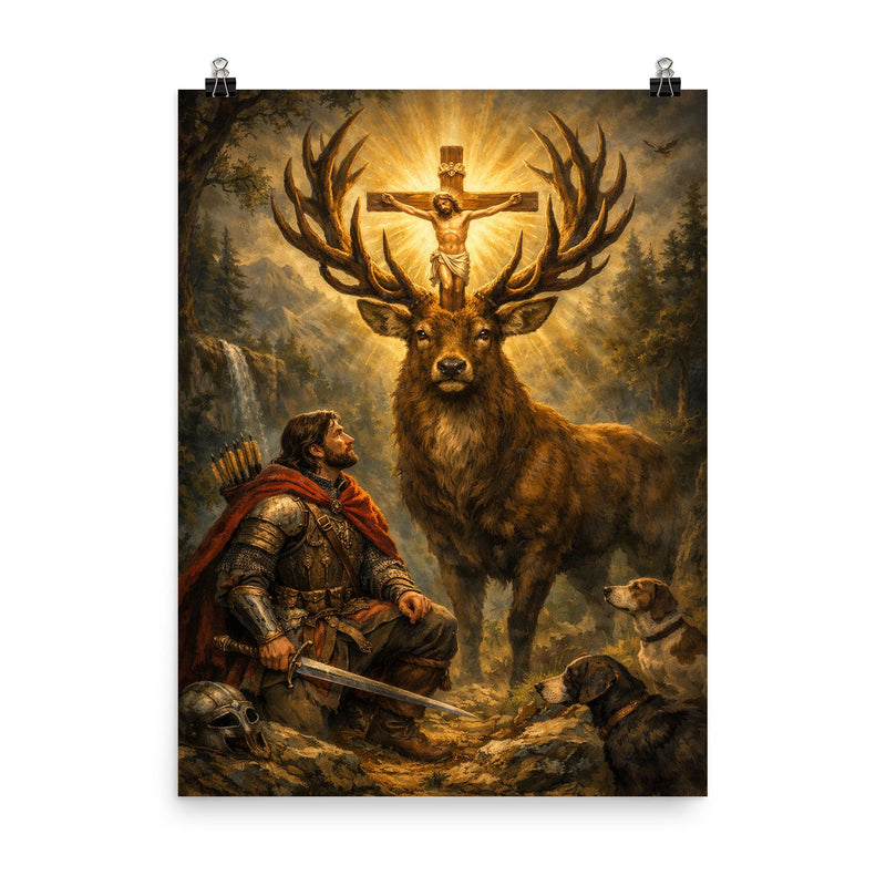 St Eustace and the stag crucifix poster on a plain backdrop in size 8