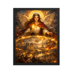 St Genevieve shielding Paris with candlelight framed print on a plain backdrop in size 16"x20".