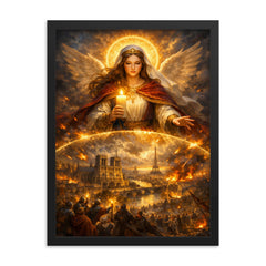 St Genevieve shielding Paris with candlelight framed print on a plain backdrop in size 18"x24".