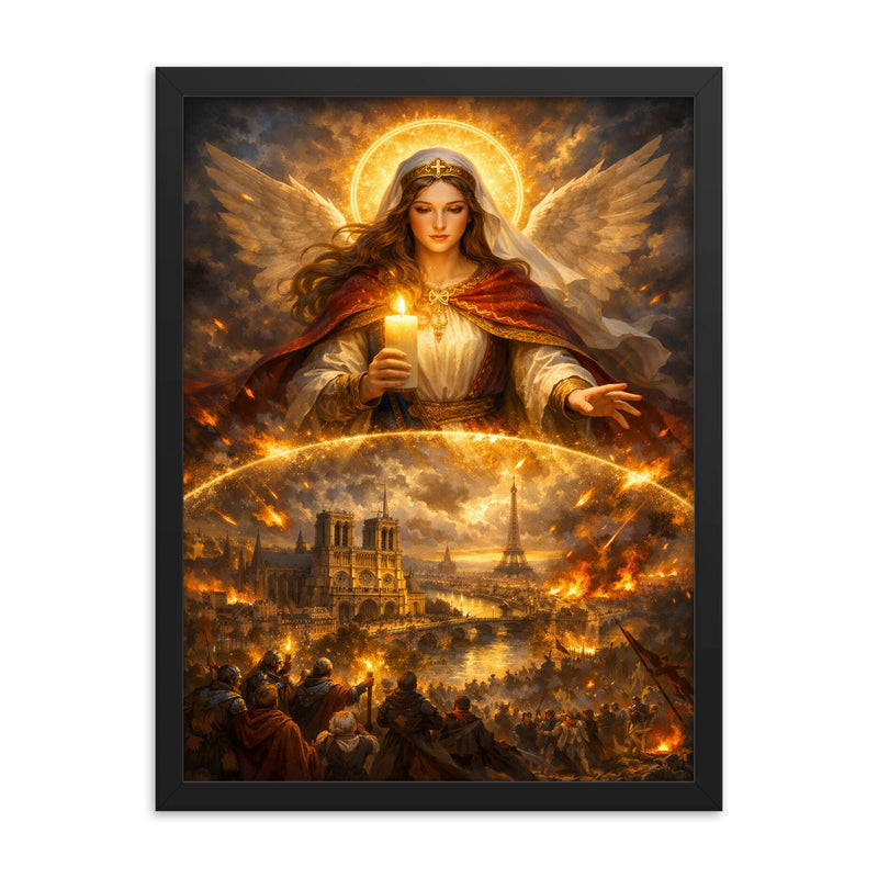 St Genevieve shielding Paris with candlelight framed print on a plain backdrop in size 18
