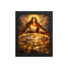 St Genevieve shielding Paris with candlelight framed print on a plain backdrop in size 8"x10".