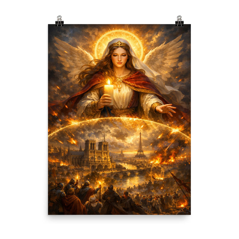 St Genevieve shielding Paris with candlelight poster on a plain backdrop in size 8