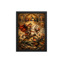 St George piercing the dragon beneath icons framed print on a plain backdrop in size 12"x16".
