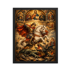 St George piercing the dragon beneath icons framed print on a plain backdrop in size 16"x20".