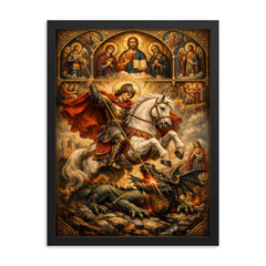 St George piercing the dragon beneath icons framed print on a plain backdrop in size 18"x24".