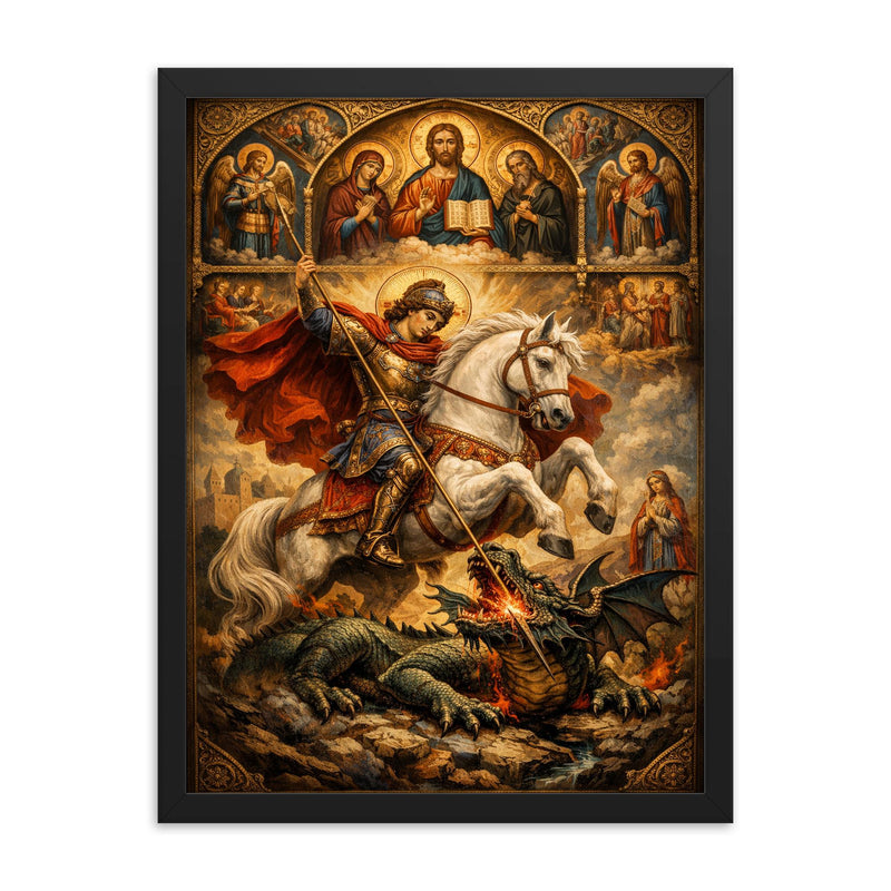 St George piercing the dragon beneath icons framed print on a plain backdrop in size 18